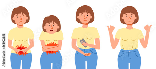 A set of vector illustrations with a girl. A woman s stomach hurts during her period. The female is taking a pill for the pain.
