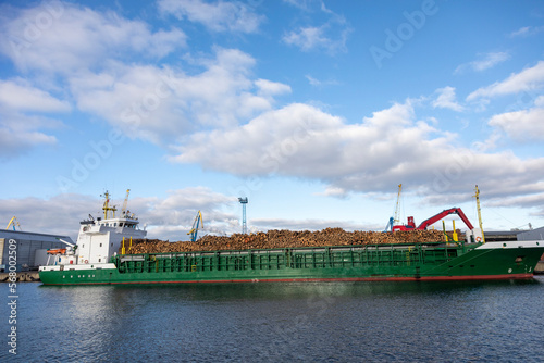 Holzfrachter hat im Hafen festgemacht und wartet auf die Löschung der Ladung