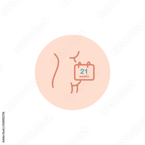 21 weeks pregnant icon. Twenty one weeks of pregnancy calendar icon in vector. Five months pregnant woman sign. Pregnancy week by week.
