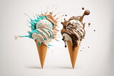 ice cream crash together, white background, Made by AI,Artificial intelligence