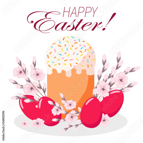 Easter composition of Russian Easter sweet cake, painted red eggs and branches with blossoms on a white background. Vector illustration for greeting card, print, poster.