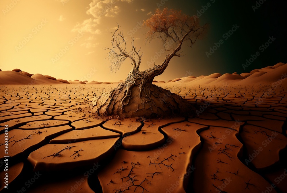 Drought landscape with a tree Concept of lack of rain and global ...