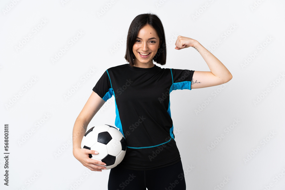 Young football player woman isolated on white background doing strong gesture Young football player woman isolated on white background doing strong gesture