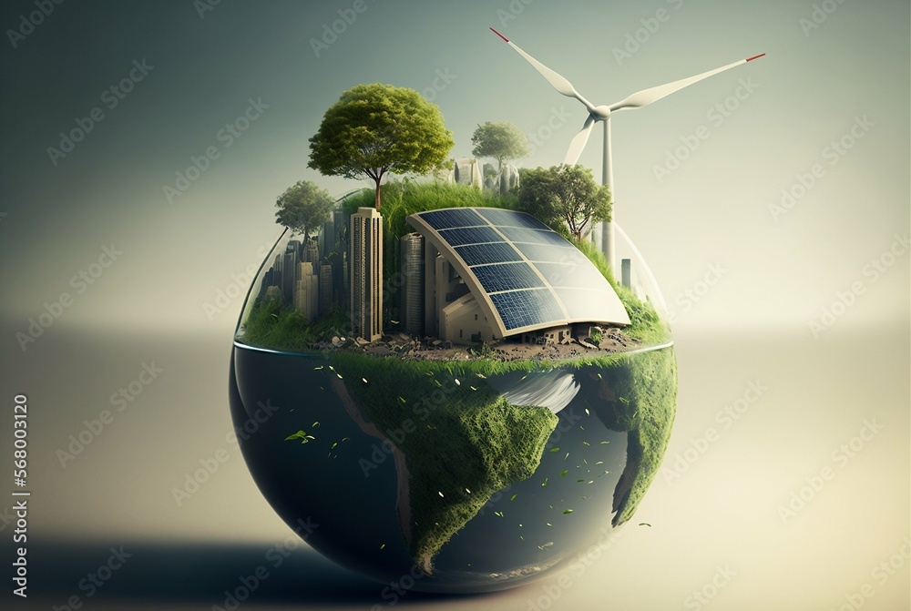 Green sustainable earth globe. Renewable energy transition concept. Generative AI - obrazy, fototapety, plakaty 