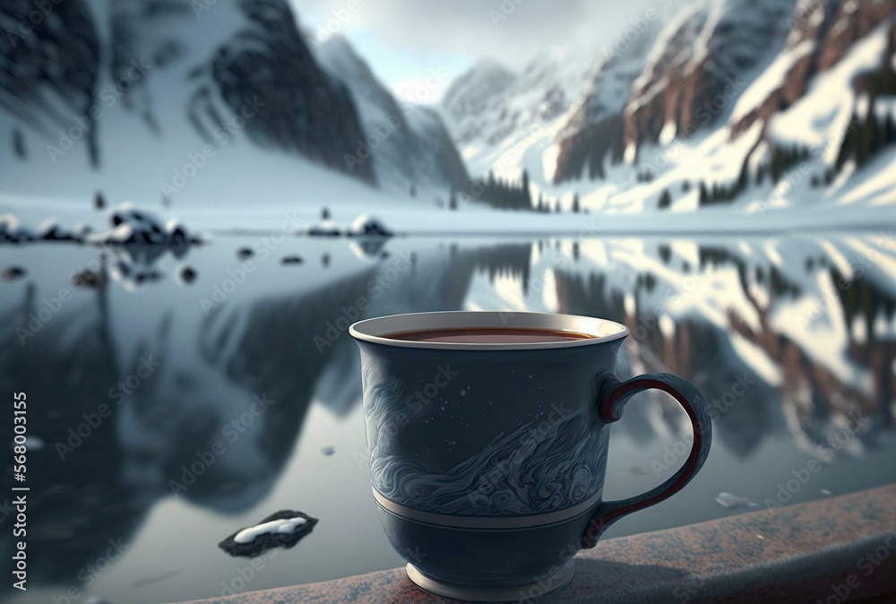 Closeup of cup of coffee in front of a landscape with snowy mountains. Generative AI. 