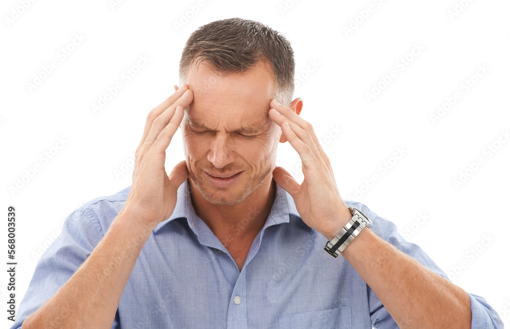 Burnout, headache and business man in studio with migraine isolated on a white background. Mental health, stress and face of mature male entrepreneur with anxiety, pain or head ache and depression. Burnout, headache and business man in studio with migraine isolated on a white background. Mental health, stress and face of mature male entrepreneur with anxiety, pain or head ache and depression.