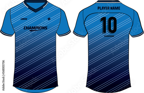 Sports t-shirt jersey design flat sketch illustration, Abstract stripe v neck Football jersey concept with front and back view for Soccer, Cricket, Volleyball, Rugby, tennis, badminton uniform kit