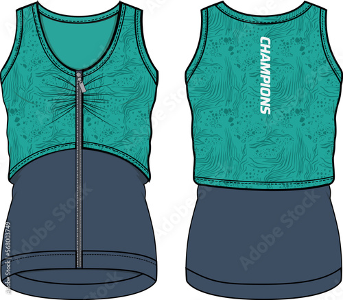 Women Sleeveless Tank top Sports t-shirt Jersey design flat sketch fashion Illustration suitable for girls and Ladies, Crop top Vest for Volleyball jersey, netball, badminton, tennis sports kit