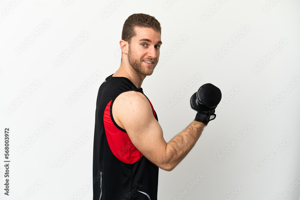 Handsome blonde man over isolated white background making weightlifting Handsome blonde man over isolated white background making weightlifting