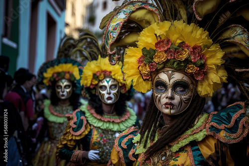 Dance groups from the Carnival perform during the Coso or Final Parade on February 25, 2020 in Santa Cruz de Tenerife, Spain (Canary Islands). Generative AI © 2rogan