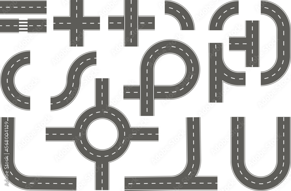 Travel icons set. Road  and street with footpaths and crossroads. Vector elements for city map. Highway asphalt traffic
