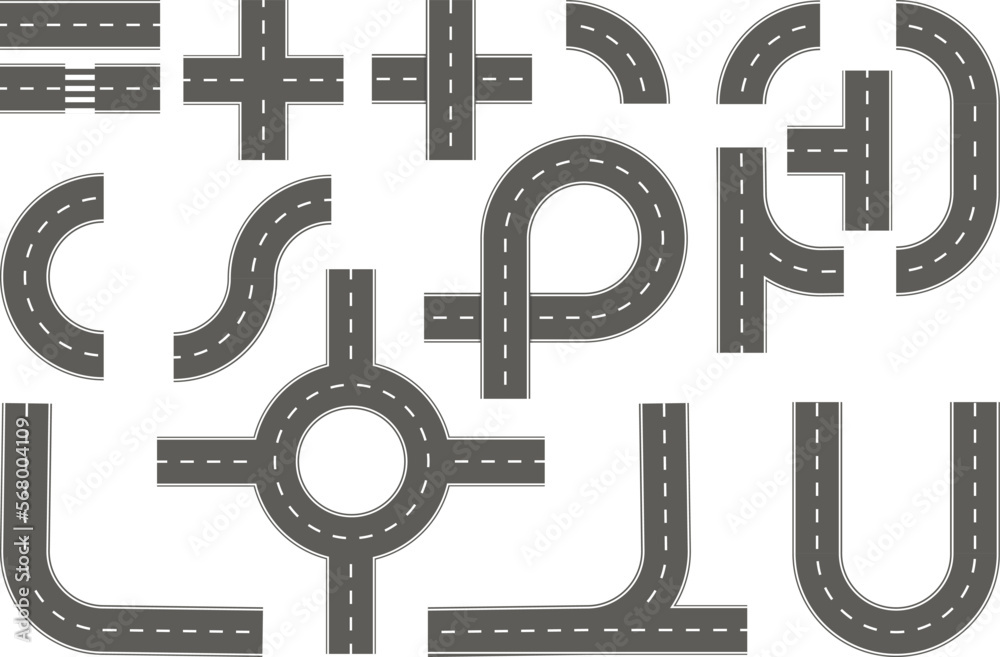 Travel icons set. Road and street with footpaths and crossroads. Vector elements for city map. Highway asphalt traffic
Travel icons set. Road and street with footpaths and crossroads. Vector elements for city map. Highway asphalt traffic