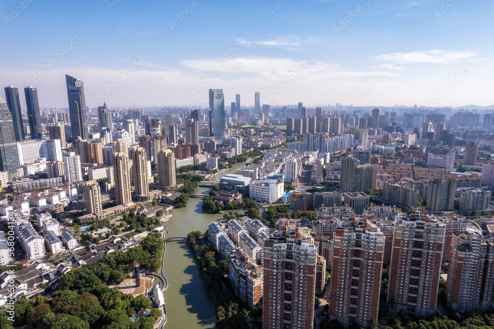 Aerial photo of urban architectural landscape skyline along Wuxi Canal