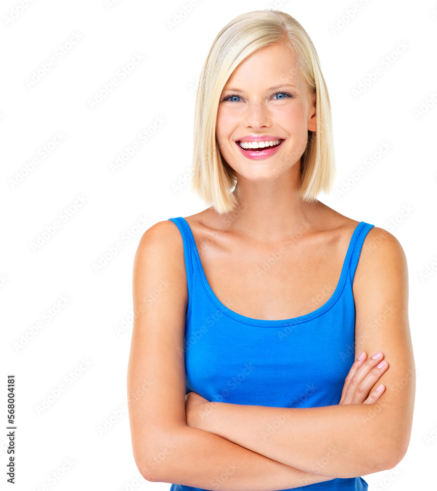 Happy, smile and portrait of woman in studio, proud and relax on mockup, space and white background. Face, young and girl model posing, casual and confident with real joy while isolated Happy, smile and portrait of woman in studio, proud and relax on mockup, space and white background. Face, young and girl model posing, casual and confident with real joy while isolated