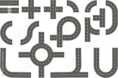 Travel icons set. Road  and street with footpaths and crossroads. Vector elements for city map. Highway asphalt traffic
