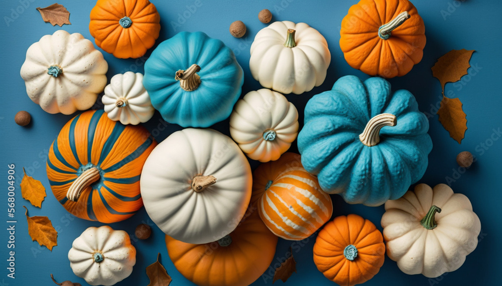 Heap of white and orange pumpkins on blue table top view Heap of white and orange pumpkins on blue table top view