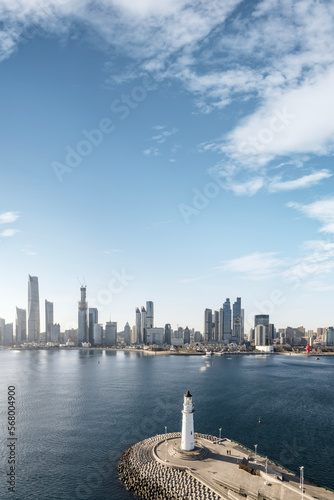 Aerial photo of urban landscape in Qingdao coastal bay area