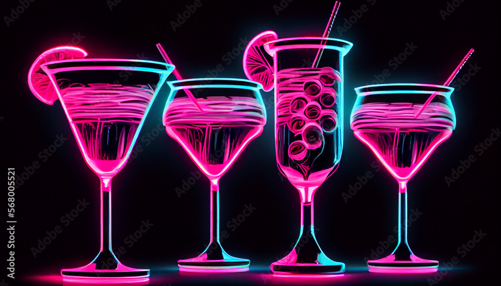4 neon pink Cocktails in Neonfarben und Neonlicht. Generative Ai. - obrazy, fototapety, plakaty 