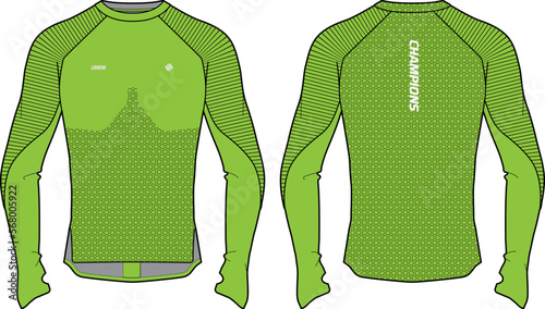 Long sleeve Compression running base layer top t shirt flat sketch design illustration, Tight fit top design vector template, Active wear compression top concept with front and back view