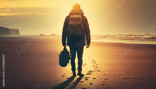 Man with backpack walking on the beach at sunset - Travel lifestyle concept - Golden filter