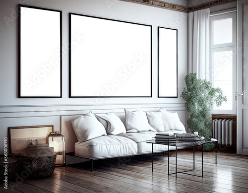 Frame mockup in modern home interior background  3d render. Mockup wall. Generative AI