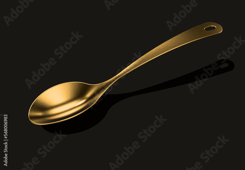 Stylish design realistic trendy of golden spoon,concept idea rich and luxury ,top view on black background.