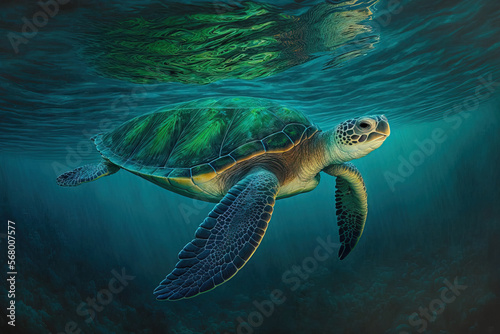 In Hawaii's warm Pacific Ocean seas, a threatened Hawaiian Green Sea Turtle sails. Generative AI