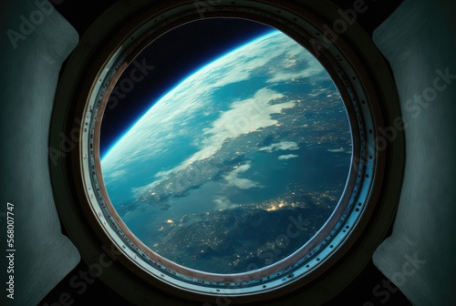 NASA provided the space station window view of Earth for this photograph. Generative AI