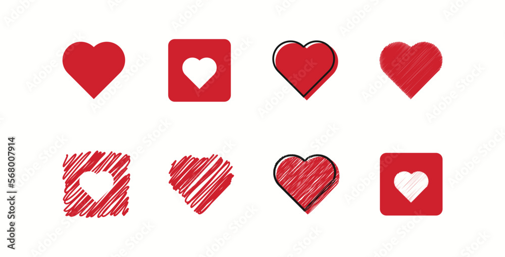 set of red love icon in modern and scribble style