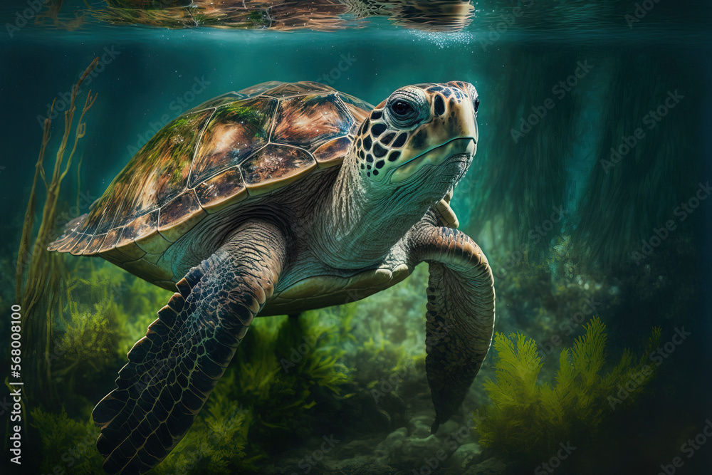 Fototapeta premium Portrait of a sea turtle underwater. Portrait of a sea turtle beneath water. turtle in the sea. a sea turtle submerged. Generative AI