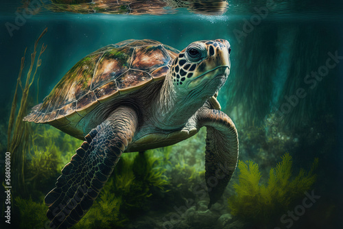 Portrait of a sea turtle underwater. Portrait of a sea turtle beneath water. turtle in the sea. a sea turtle submerged. Generative AI © 2rogan