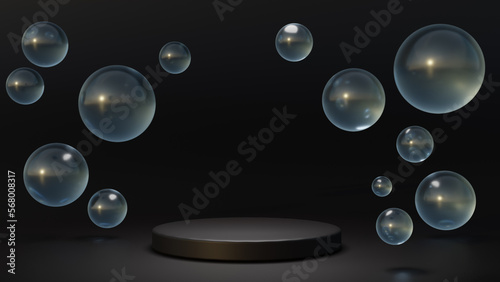 White round podium with air bubbles on black water surface. Mock up empty geometric stage, platform with soap spheres or water drops for product ad presentation cosmetics. Realistic 3d illustration