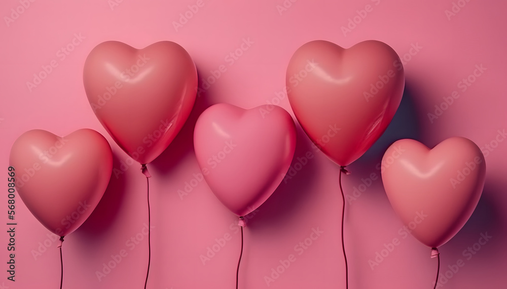 Heart-shaped balloons on a pink background, flat lay with space for text. Valentine's Day Celebration
