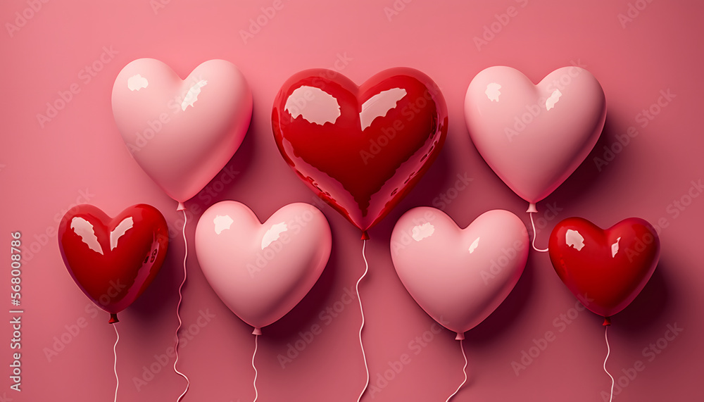 Heart-shaped balloons on a pink background, flat lay with space for text. Valentine's Day Celebration