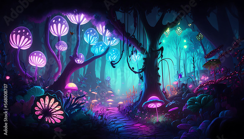 Stroll down the Radiant Pathway through the Illuminated Forest of Neon Lights (Ai-generated art)