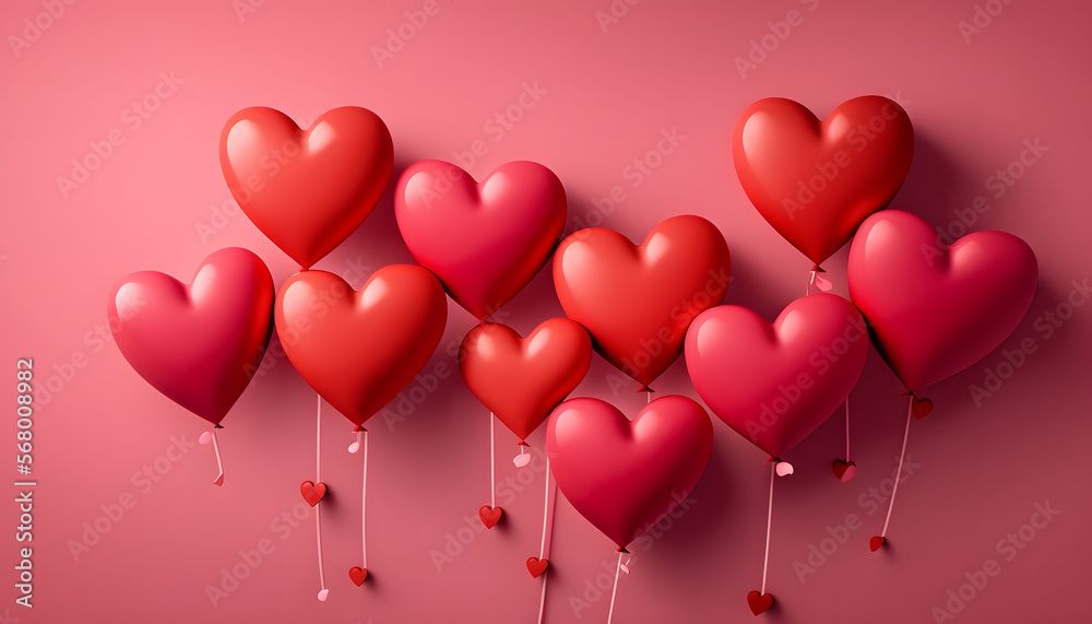 Heart-shaped balloons on a pink background, flat lay with space for text. Valentine's Day Celebration Heart-shaped balloons on a pink background, flat lay with space for text. Valentine's Day Celebration