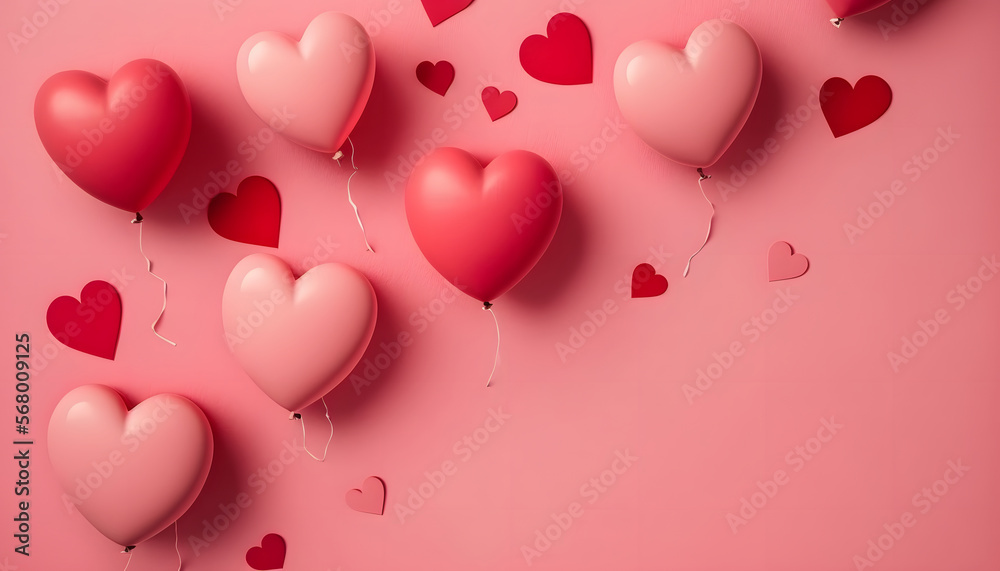 Heart-shaped balloons on a pink background, flat lay with space for text. Valentine's Day Celebration