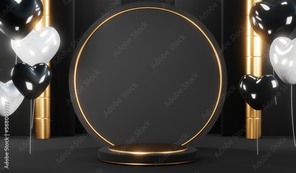 3d render of abstract realistic studio room with Luxury round pedestal stand podium with golden glitter in shape backdrop. Luxury black friday sale scene for product display presentation background 3d render of abstract realistic studio room with Luxury round pedestal stand podium with golden glitter in shape backdrop. Luxury black friday sale scene for product display presentation background