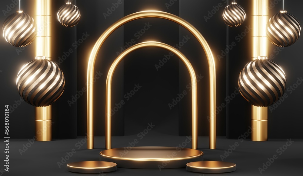 3d render of abstract realistic studio room with Luxury round pedestal stand podium with golden glitter in shape backdrop. Luxury black friday sale scene for product display presentation background 3d render of abstract realistic studio room with Luxury round pedestal stand podium with golden glitter in shape backdrop. Luxury black friday sale scene for product display presentation background