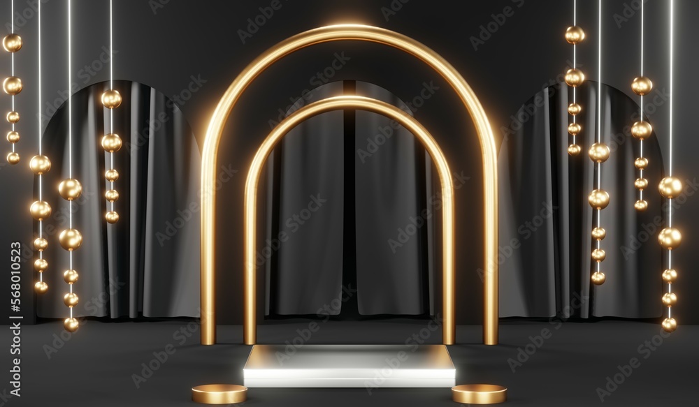 3d render of abstract realistic studio room with Luxury round pedestal stand podium with golden glitter in shape backdrop. Luxury black friday sale scene for product display presentation background 3d render of abstract realistic studio room with Luxury round pedestal stand podium with golden glitter in shape backdrop. Luxury black friday sale scene for product display presentation background