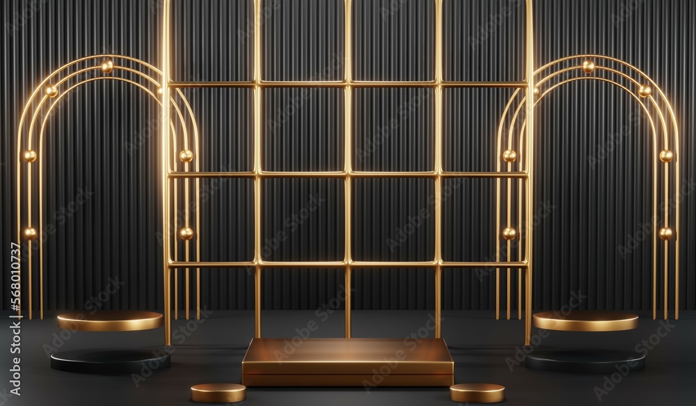 3d render of abstract realistic studio room with Luxury round pedestal stand podium with golden glitter in shape backdrop. Luxury black friday sale scene for product display presentation background 3d render of abstract realistic studio room with Luxury round pedestal stand podium with golden glitter in shape backdrop. Luxury black friday sale scene for product display presentation background