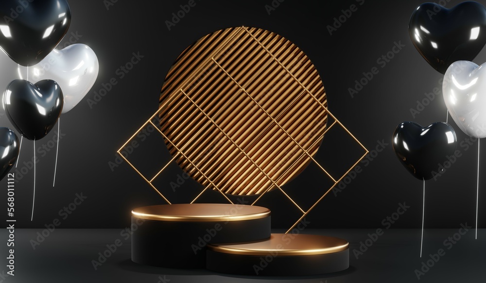 3d render of abstract realistic studio room with Luxury round pedestal stand podium with golden glitter in shape backdrop. Luxury black friday sale scene for product display presentation background