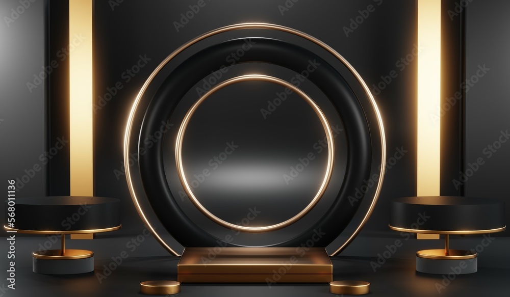 3d render of abstract realistic studio room with Luxury round pedestal stand podium with golden glitter in shape backdrop. Luxury black friday sale scene for product display presentation background
