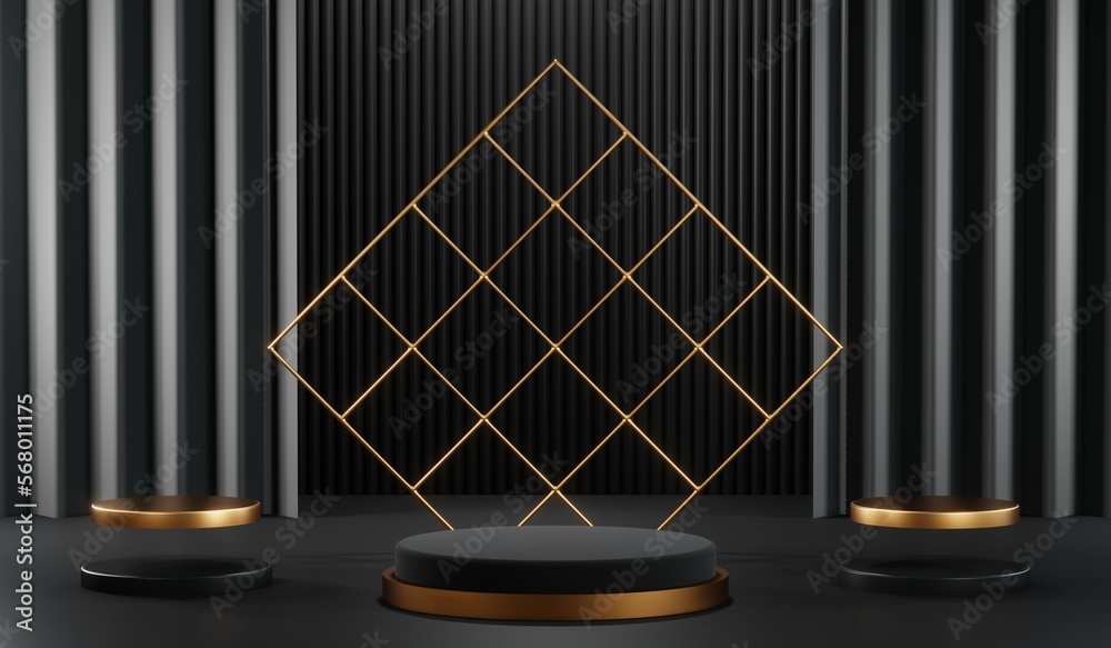 3d render of abstract realistic studio room with Luxury round pedestal stand podium with golden glitter in shape backdrop. Luxury black friday sale scene for product display presentation background