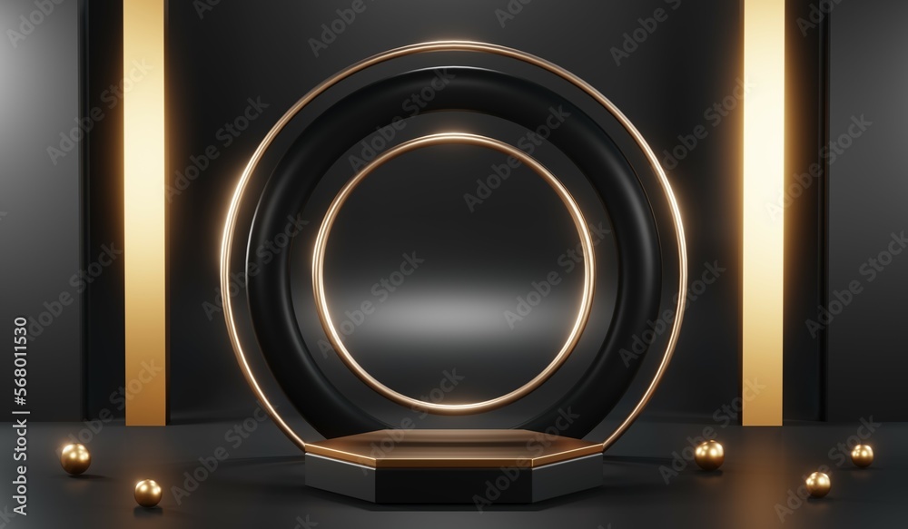 3d render of abstract realistic studio room with Luxury round pedestal stand podium with golden glitter in shape backdrop. Luxury black friday sale scene for product display presentation background 3d render of abstract realistic studio room with Luxury round pedestal stand podium with golden glitter in shape backdrop. Luxury black friday sale scene for product display presentation background
