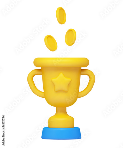 Vector 3d realistic illustration, reward, yellow cartoon cup with a star and coins falling into it