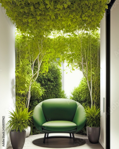 Contemporary style soft armchair and potted plants under a ceiling of green foliage in a narrow patio grden of a modern residential house. Generative AI illustration. photo