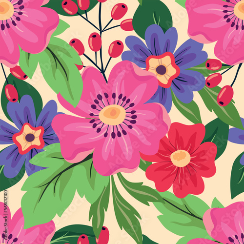 Seamless floral pattern  colorful ditsy print with large decorative daisies. Cute botanical background with pretty hand drawn plants  flowers  leaves  bouquets. Vector illustration.