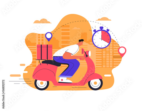 Express and free scooter delivery concept.Online quick service for fast food for websites and apps. Advertise for restaurants, caffees, shops.Fast,free courier. Vector illustration.