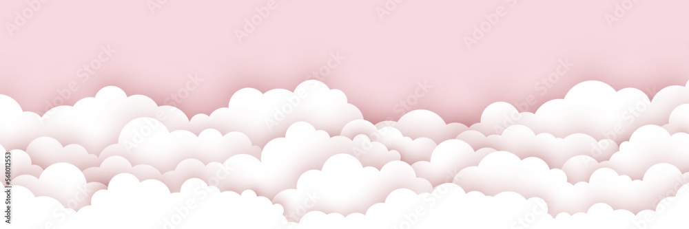 Fluffy clouds on a pink background. Paper cut design. Vector illustration